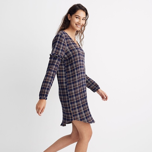 Madewell Plaid Ruffled Sleeve V-Neck Button Down Shirt Dress - Picture 4 of 14